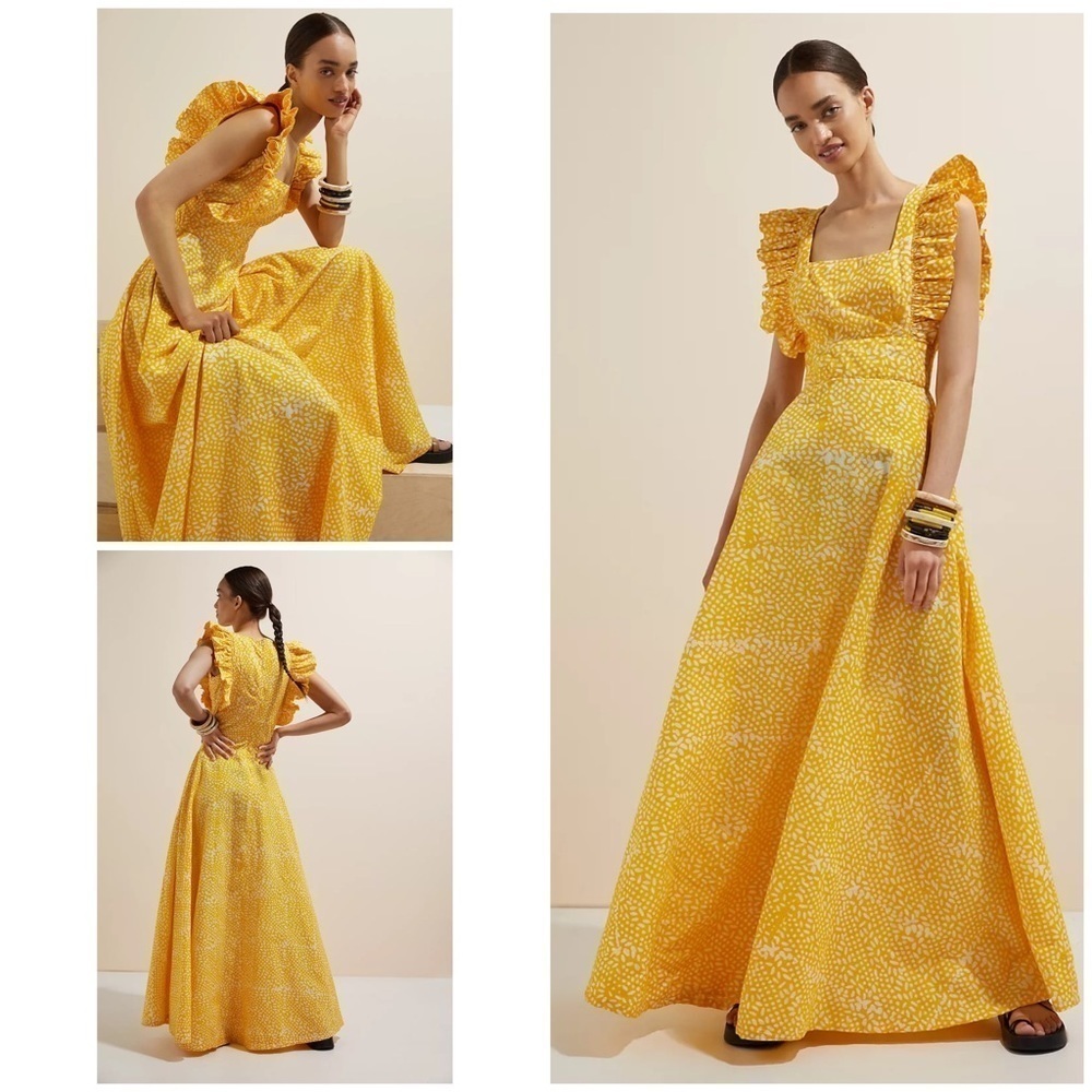 NWT Anthropologie Sika Marigold Ruffle Maxi Yellow Cotton Party Cocktail Dress 0
